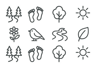 Fototapeta premium Mindful Nature Icons. Outline icon set of mindful walks in nature: forest path, footprints, tree, sun, flower,