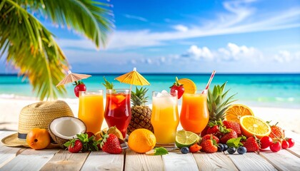 Refreshing tropical drink with fresh fruit and colorful straws on a beach table setting