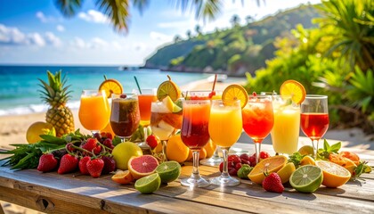 Vibrant table full of tropical drinks and fresh fruit in a bright beach setting