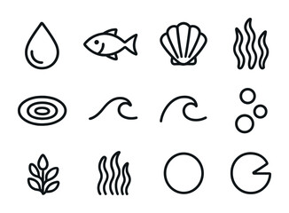 Water Icon Grid. Outline icon set of water-inspired aesthetics: droplet, fish, shell, seaweed, ripple, wave,