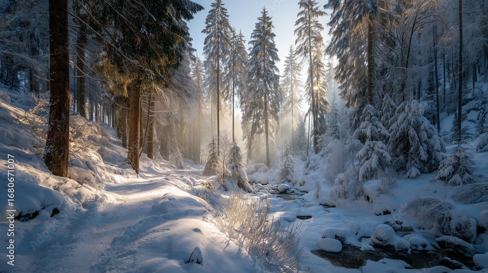 Aufkleber snow-covered forest path with tall evergreen trees and sunlight filtering through branches