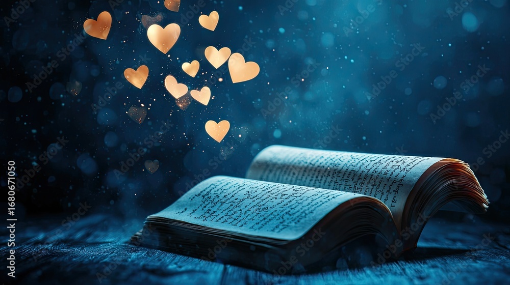 Wall mural an open book with golden hearts floating above it on a dark, bokeh background.