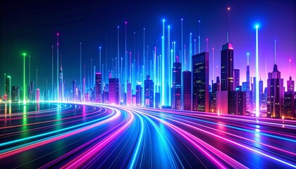 Colorful digital cityscape with vibrant streaks of neon lights in blue, green, and pink