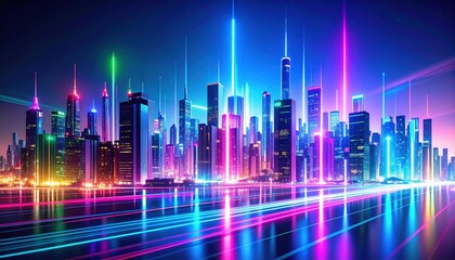 Vibrant digital cityscape with colorful streaks of neon lights in blues, greens, and pinks