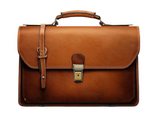 Close up of a classic brown leather briefcase with handle and buckle strap on black background