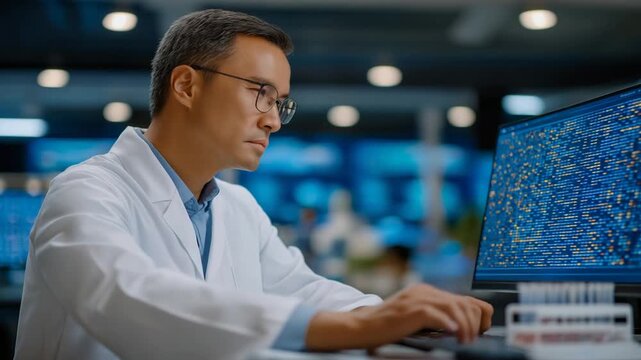 A technician operates a DNA sequencer in a cutting-edge genomic lab, featuring ultra-high detail 8K imagery.