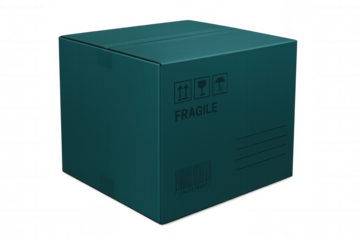 Sealed teal delivery box with barcode, fragile symbol and transparent background, ideal for shipping and logistics visuals