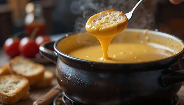 melted raclette cheese bubbling on a hot pan, with a piece of crusty bread waiting to be dipped. Steam gently rises, creating an inviting atmosphere. Warm, golden lighting highlights the texture of th
