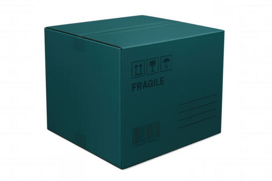 Sealed teal delivery box with barcode, fragile symbol and transparent background, ideal for shipping and logistics visuals