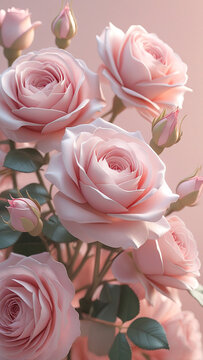 "Elegant soft pink roses with delicate petals and buds on pastel gradient background, romantic floral artwork perfect for wedding, love, and luxury decorative design"
