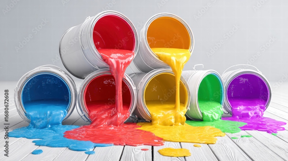 Poster A vivid display of colorful paint pouring out of overturned cans, creating a splash of colors.