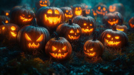 Spooky Halloween night with glowing carved pumpkins in a festive garden display