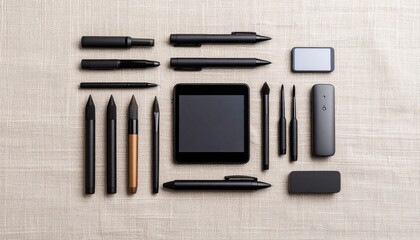 Flat lay of multiple electronic devices on textured linen background with stylish arrangement
