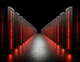 Server rack array with glowing red lights