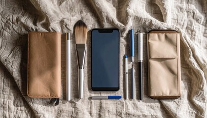 Vibrant flat lay of smartphone, pen, and wallet on textured linen background with soft hues