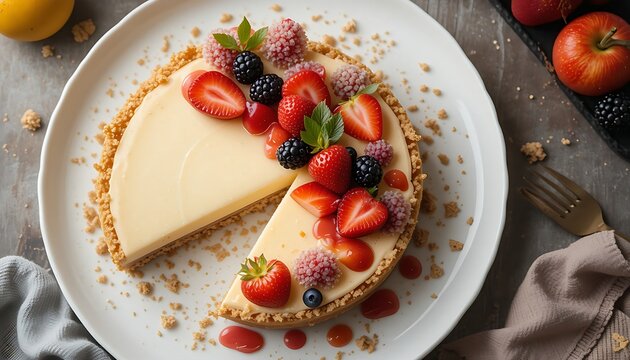  a deconstructed cheesecake, with creamy cheese filling, crumbled graham cracker crust, and fresh fruit artfully arranged on a minimalist plate