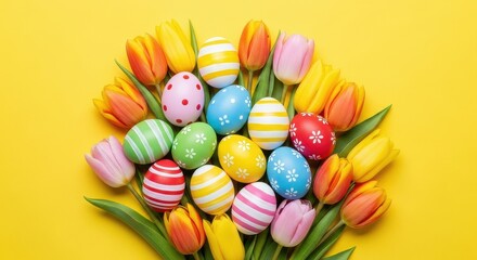 Vibrant Easter Egg and Tulip Arrangement Celebrating Spring Festivities
