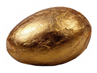 Close up of a golden foil wrapped egg isolated on a transparent background with shiny texture