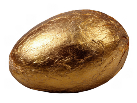 Close up of a golden foil wrapped egg isolated on a transparent background with shiny texture