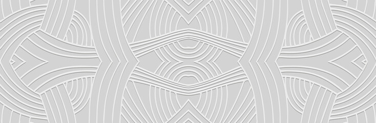 Naklejka premium Banner, cover design, fresco. Geometric ethnic linear 3D pattern on white background, embossing. Handmade style. Ornaments, arabesques, mandala of the East, Asia, India, Mexico, Aztecs, Peru.