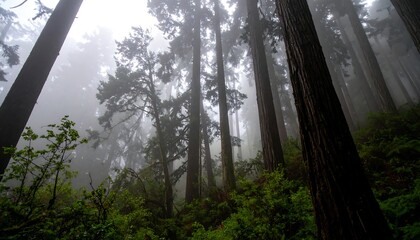 Misty forest scene, tall trees, lush undergrowth