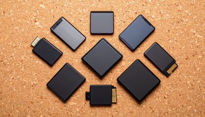 Attractive flat lay of black smartphones on a natural cork surface with bold hues