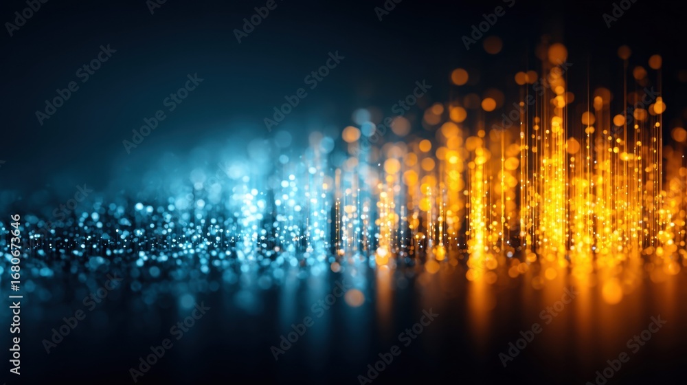 Poster a vibrant display of abstract digital particles with a captivating blue to orange gradient.