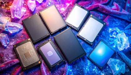 Artistic flat lay of colorful external storage devices displayed on a soft felt surface