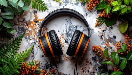 Vibrant flat lay of noise cancelling headphones surrounded by green leaves on terrazzo