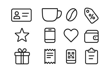 Café Membership Icons. Outline icon set of café membership: membership card, coffee mug, bean, discount tag,