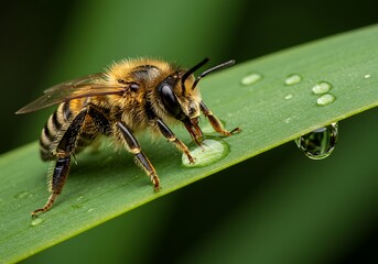 Fototapeta premium Bee on leaf with water droplets