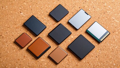 Stunning visual of a group of portable hard drives in various colors on cork texture flat lay