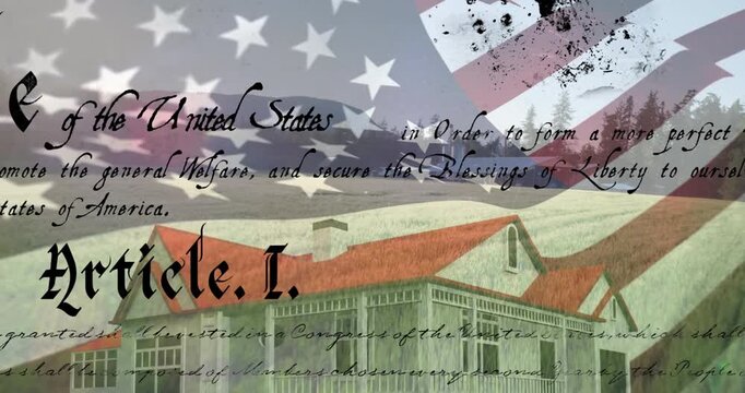 Animation of flag of america and preamble to the united states constitution moving against house