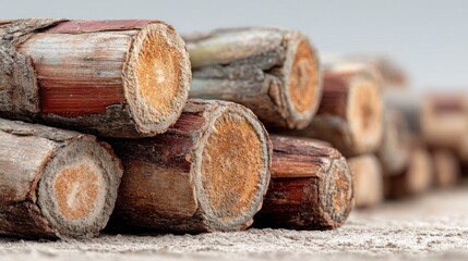 Pile of raw wooden logs close-up showcasing the texture and natural details