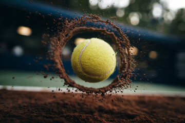 Tennis ball mid air with dirt splash on clay court sport action