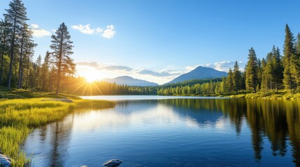 Fototapeta premium Serene lake view at sunset in a forested camping area