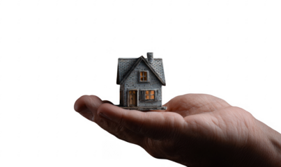 Close up of a hand holding a small detailed model house representing real estate or home ownership concept