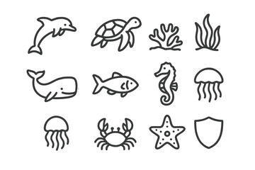Marine Life Icons. Outline icon set of marine life protection: dolphin, turtle, coral reef, seaweed, whale,