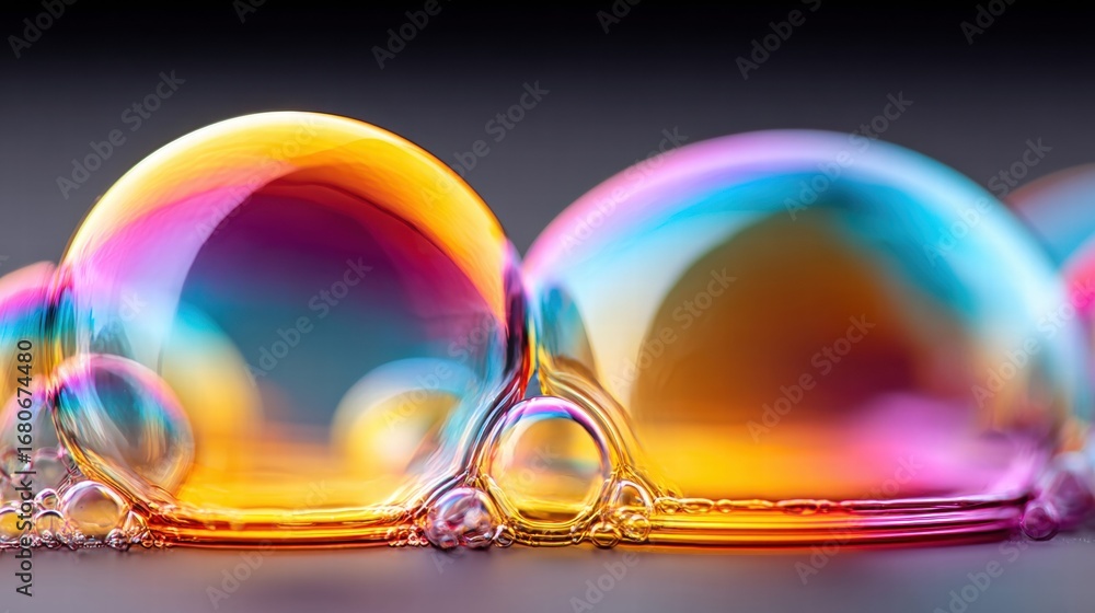 Poster vibrant soap bubbles with colorful reflections, creating an abstract and dreamy visual.