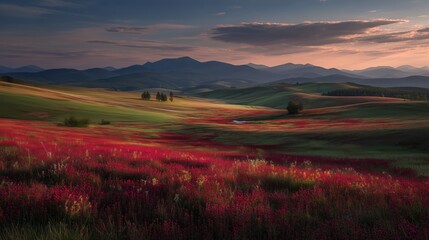 Expansive landscape featuring vibrant red clover fields beneath a dramatic sunset sky in a mountainous region