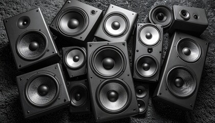 Vibrant flat lay of portable speakers on soft felt background with monochrome hues and colors