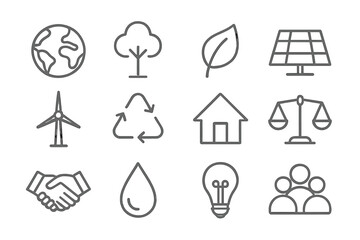 Sustainable Equality Icons. Outline icon set of sustainable equality: globe, tree, leaf, solar panel, wind