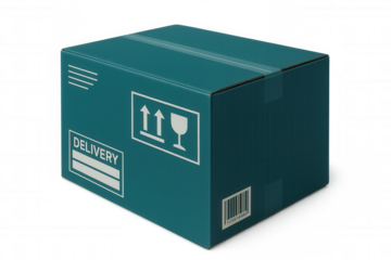Teal delivery box featuring fragile symbol, barcode, and shipping label against transparent backdrop, highlighting logistics packaging design