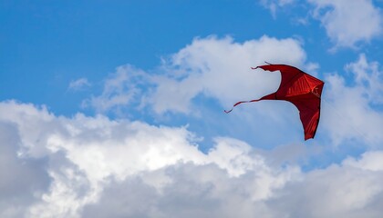 Red kite soaring in a partly cloudy sky