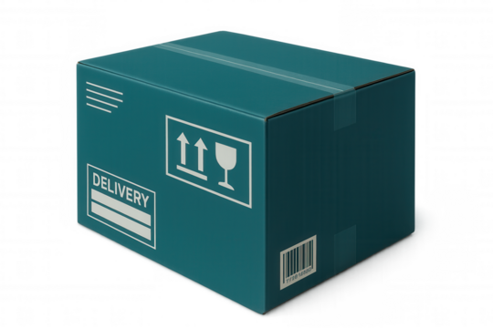 Teal delivery box featuring fragile symbol, barcode, and shipping label against transparent backdrop, highlighting logistics packaging design