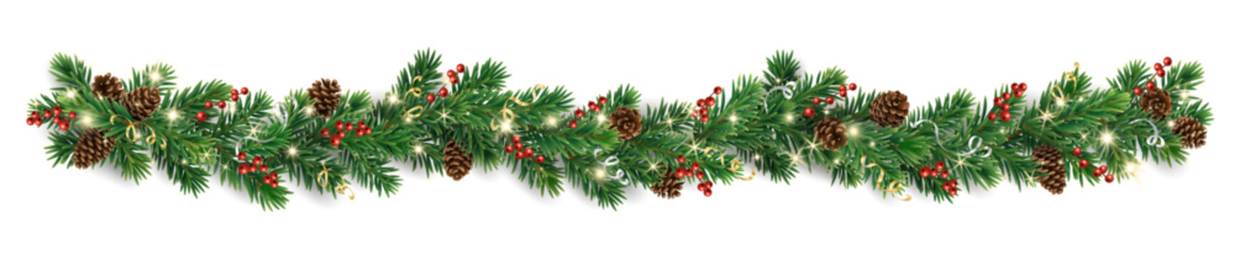 Horizontal Christmas garland with pine cones, fir branches, holly berries, glowing lights, and ribbons. Perfect for holiday banners, cards, and party posters. Transparent background in vector file.