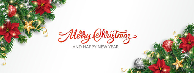 Christmas background with corner garlands of poinsettias, pine branches, ornaments, and stars. Calligraphy Merry Christmas and Happy New Year greeting. Perfect for cards, banners, and party designs.