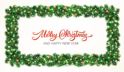Holiday banner. Christmas tree frame with fir branches and colorful glowing lights. Merry Christmas calligraphy. Perfect for winter headers, party posters, invitations, social media banners. Vector.