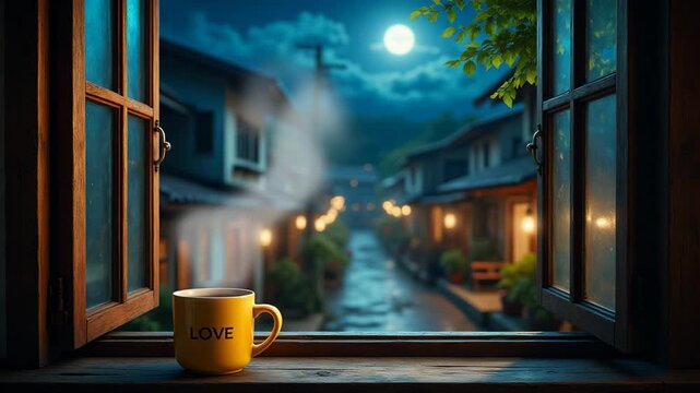 Yellow mug with the inscription "LOVE" creates a peaceful and romantic mood on the windowsill against the backdrop of a magical night.