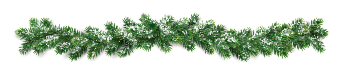 Horizontal Christmas garland. Snowy fir branches. Frosty festive design for winter celebration banners, greeting cards, invitations, and seasonal posters. Transparent background in vector file. © Olga Prozorova